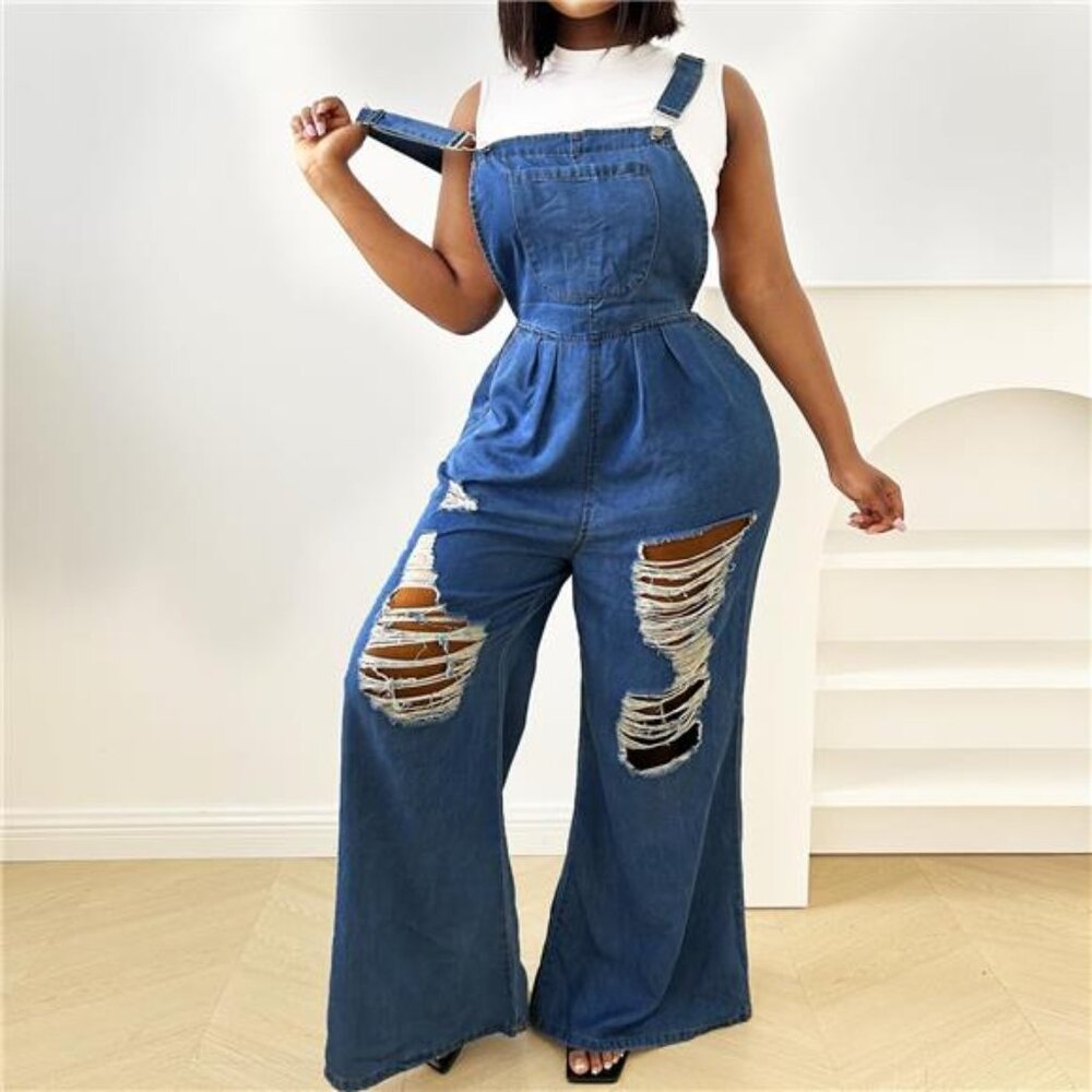 New Women’s Ripped Denim Overalls | Wide-Leg Cargo Jumpsuit | Adjustable Strap - Picture 3 of 7